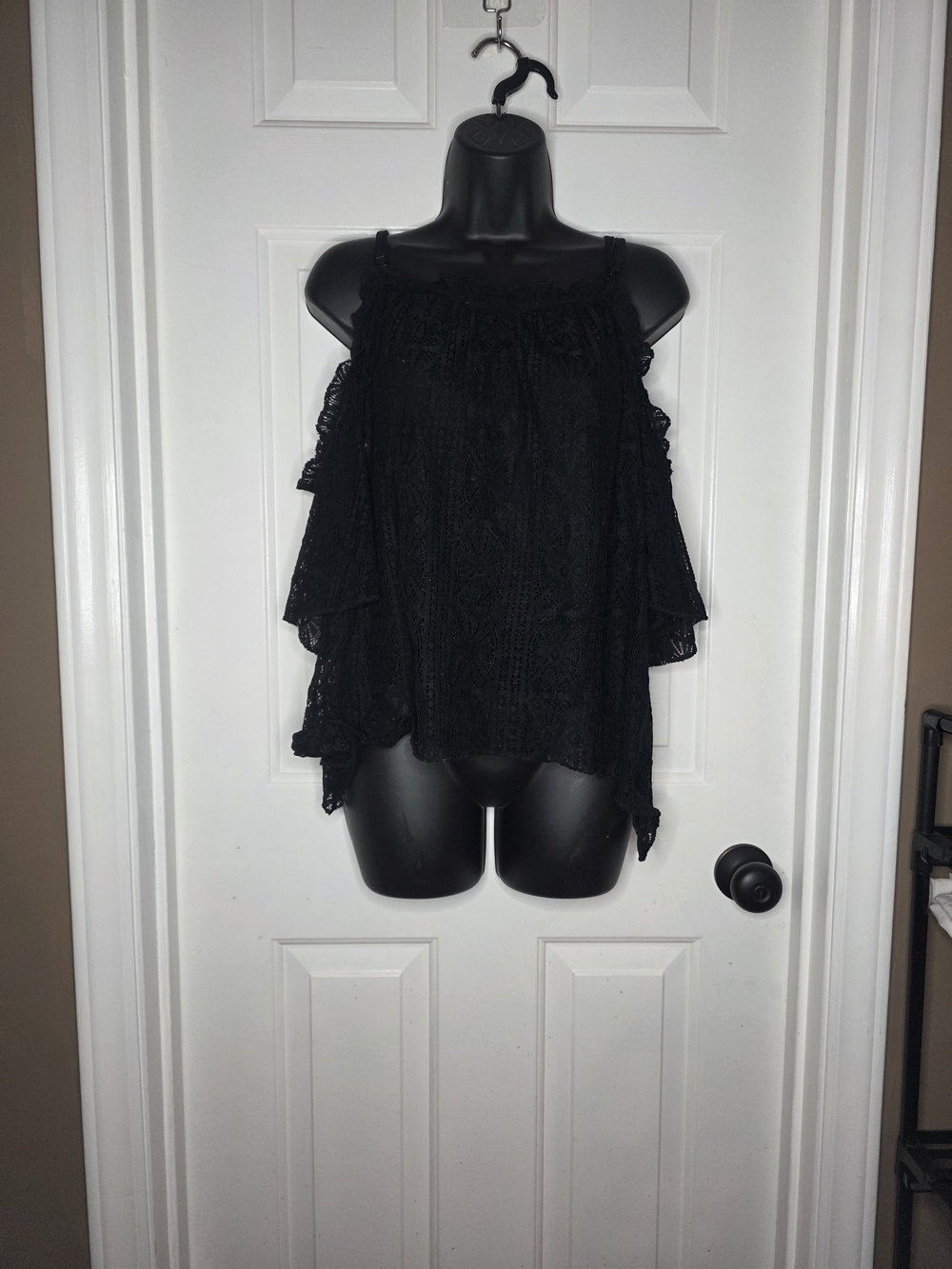 love, Fire Black Lace Cold-Shoulder Blouse